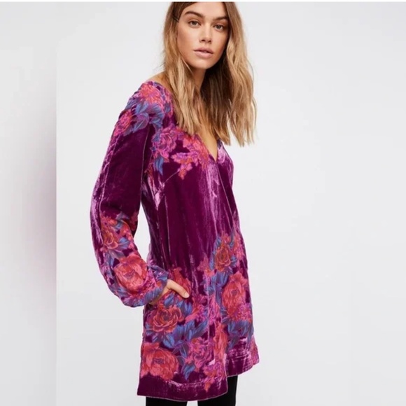 Free People Velvet Floral Mini Dress Long Sleeve Mesha Pink - Picture 1 of 7